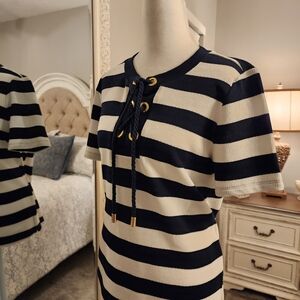 Michael Kors Navy and Cream Lace-Up Top